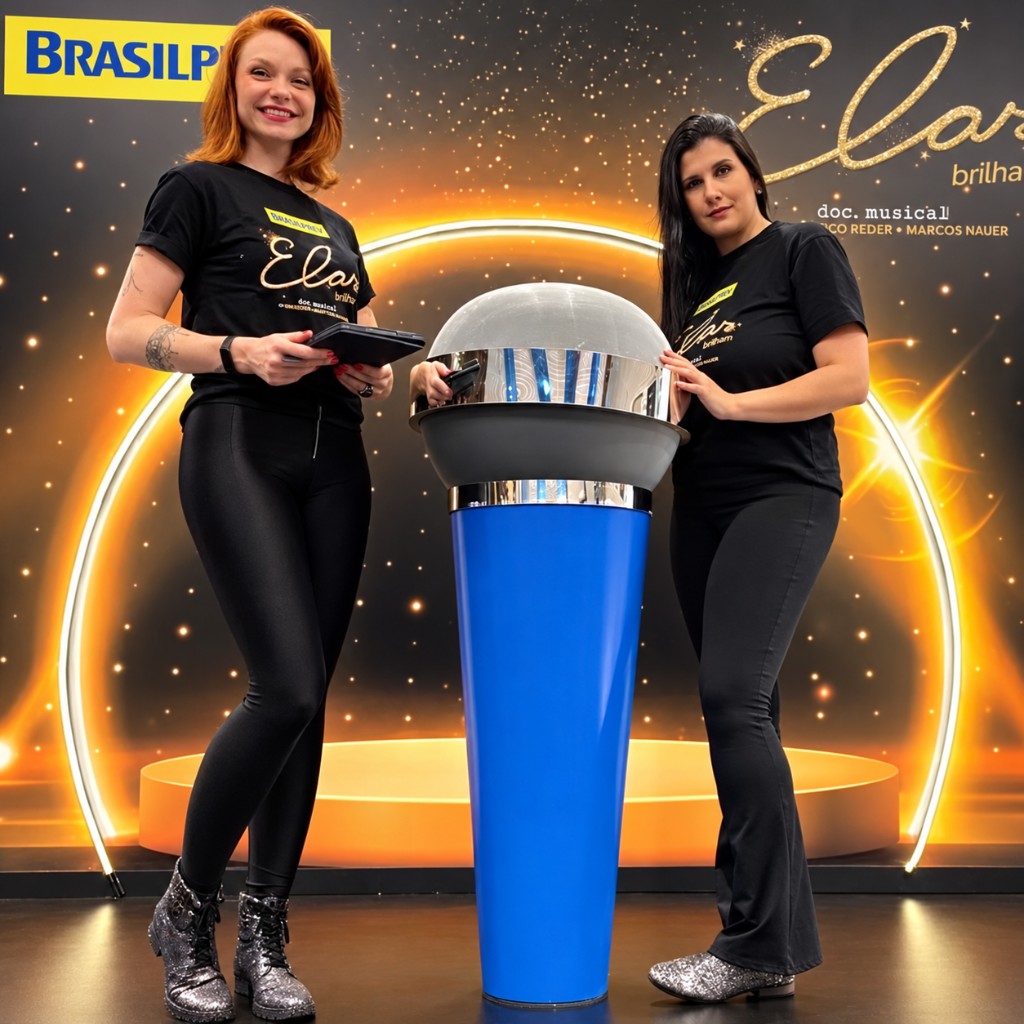 Monik na ativação Elas Brilham com microfone gigante